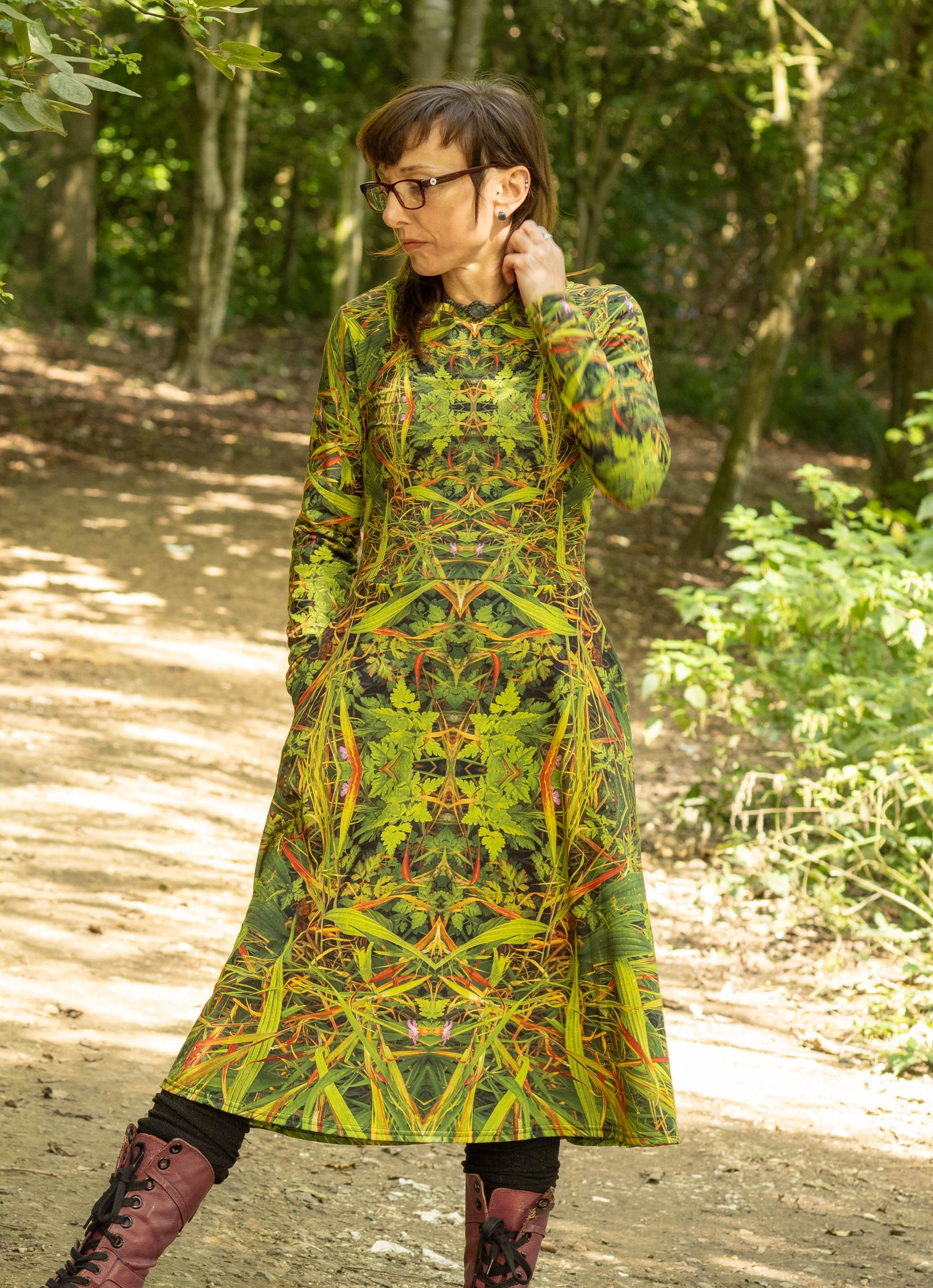 Long Sleeve Midi Dress - Grass is Greener 1# Print - Psychedelic Voyager Art Collection