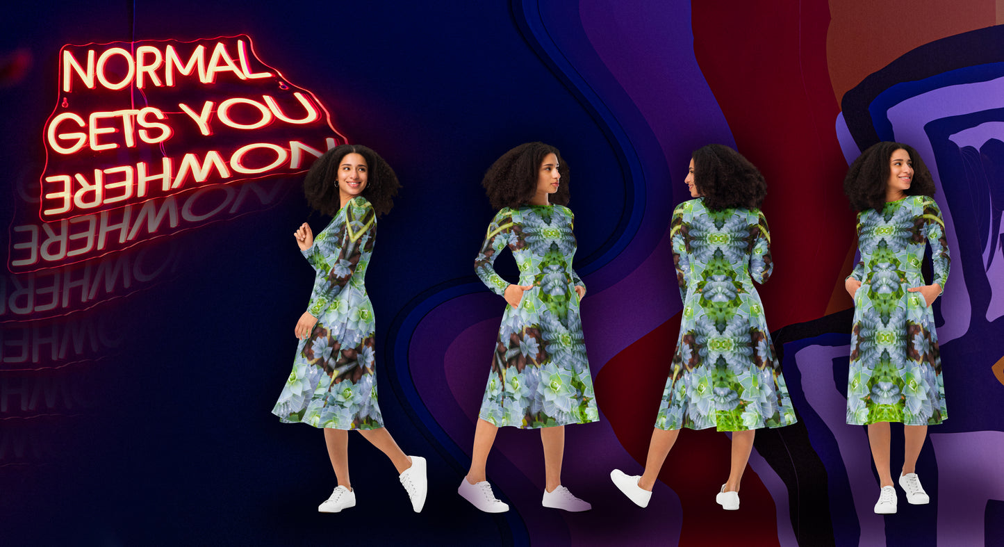 Long Sleeve Midi Dress - Myrtle Spurge Print - Psychedelic Voyager Art Collection