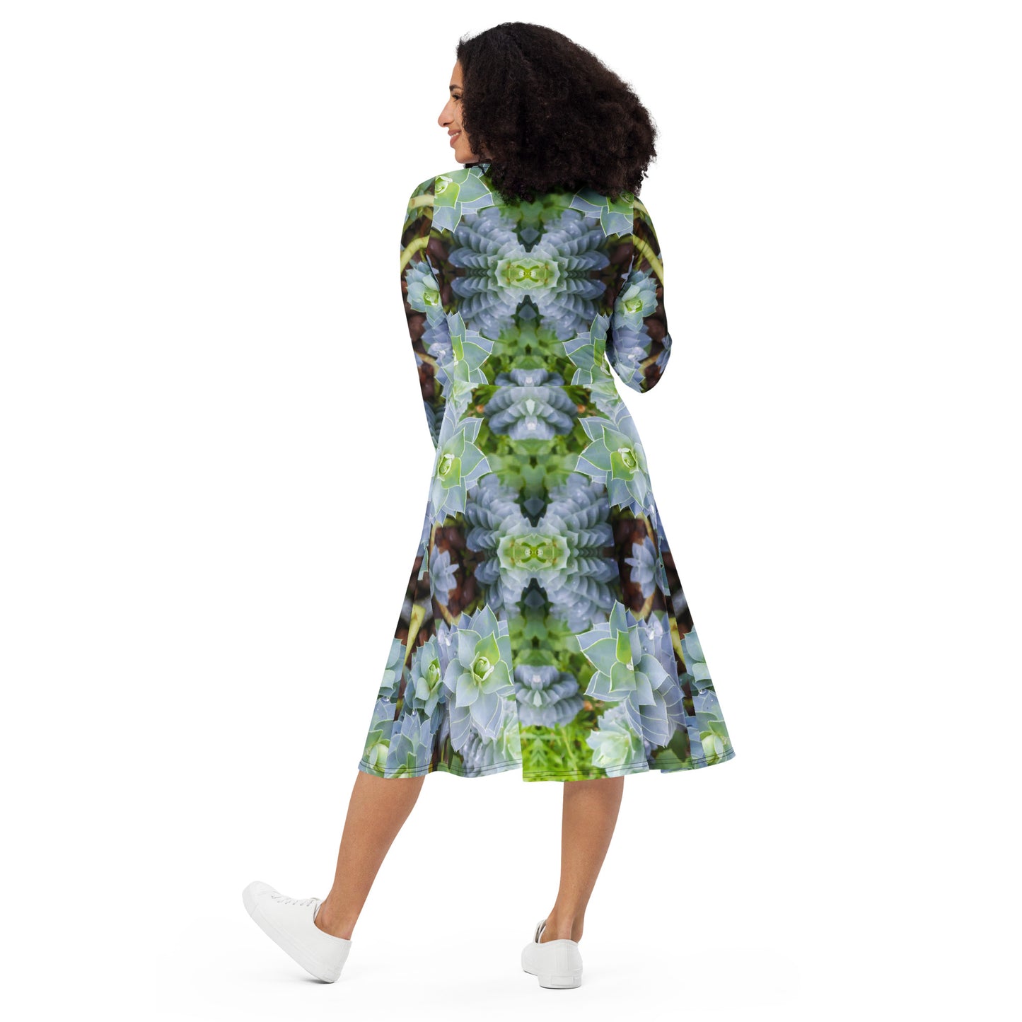 Long Sleeve Midi Dress - Myrtle Spurge Print - Psychedelic Voyager Art Collection