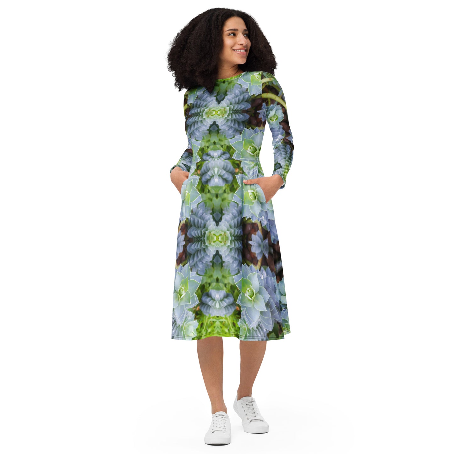 Long Sleeve Midi Dress - Myrtle Spurge Print - Psychedelic Voyager Art Collection