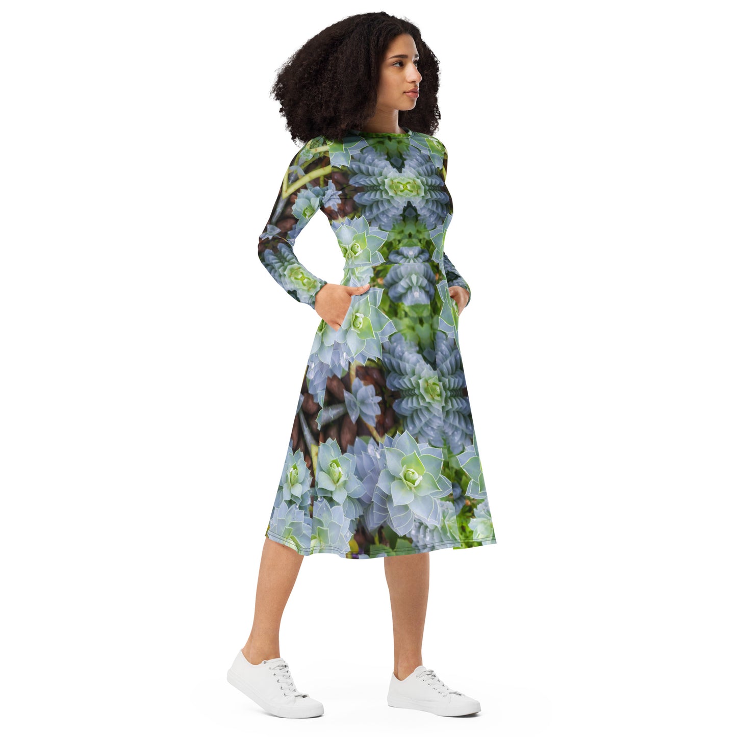 Long Sleeve Midi Dress - Myrtle Spurge Print - Psychedelic Voyager Art Collection