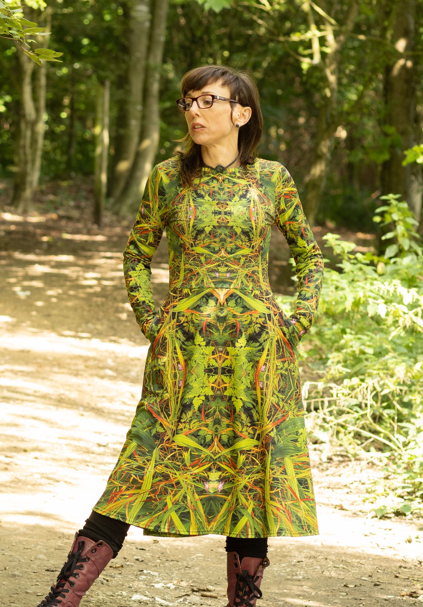 Long Sleeve Midi Dress  - Grass is Greener 1# Print - Psychedelic Voyager Art Collection