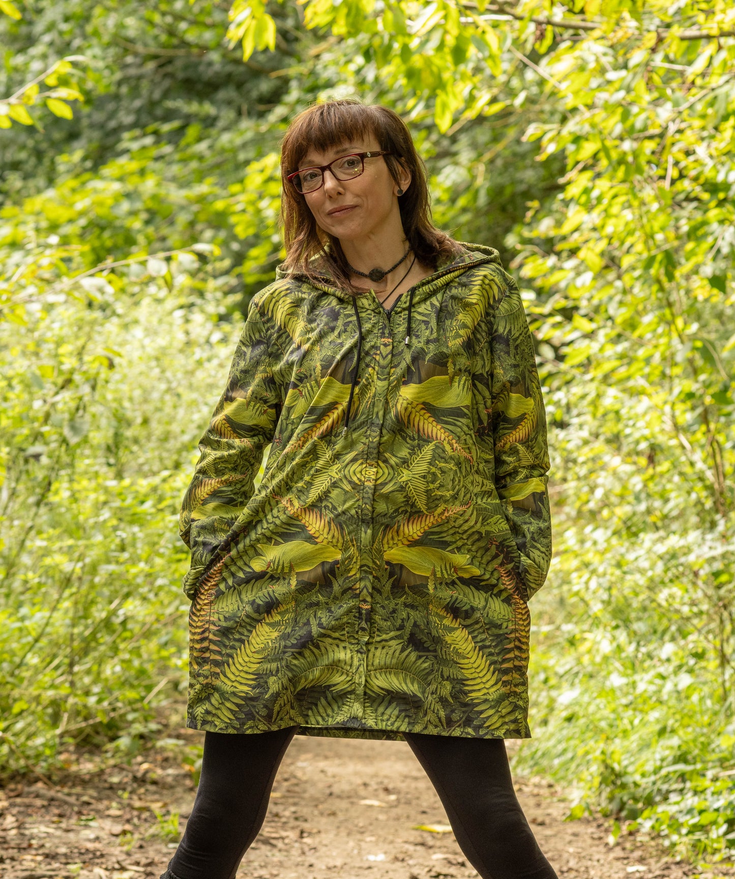 Womans Hooded Rain Coat - Eden Fronds - Psychedelic Voyager Art Collection