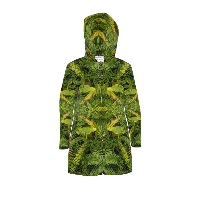 Womans Hooded Rain Coat - Eden Fronds - Psychedelic Voyager Art Collection