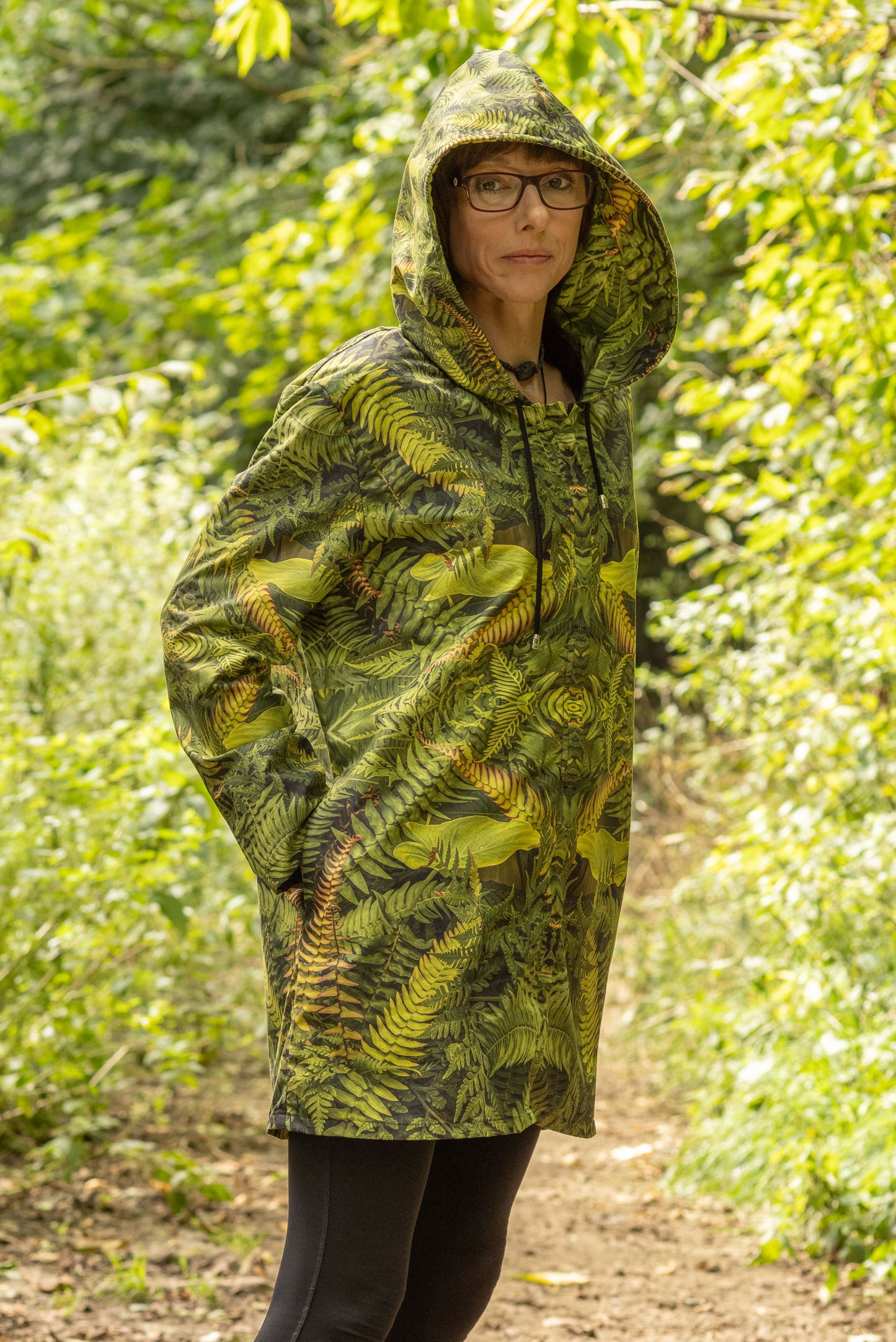 Womans Hooded Rain Coat - Eden Fronds - Psychedelic Voyager Art Collection