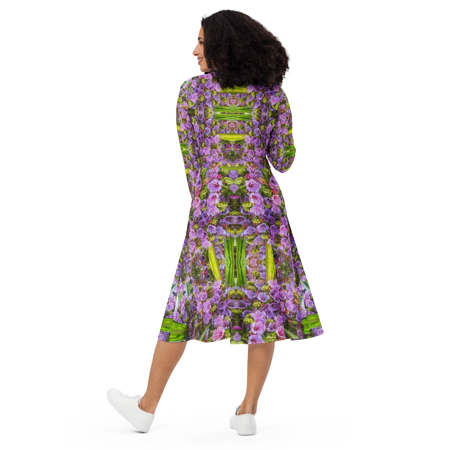 Long Sleeve Midi Dress - Echium Pink Fountain #4 Print - Psychedelic Voyager Art Collection