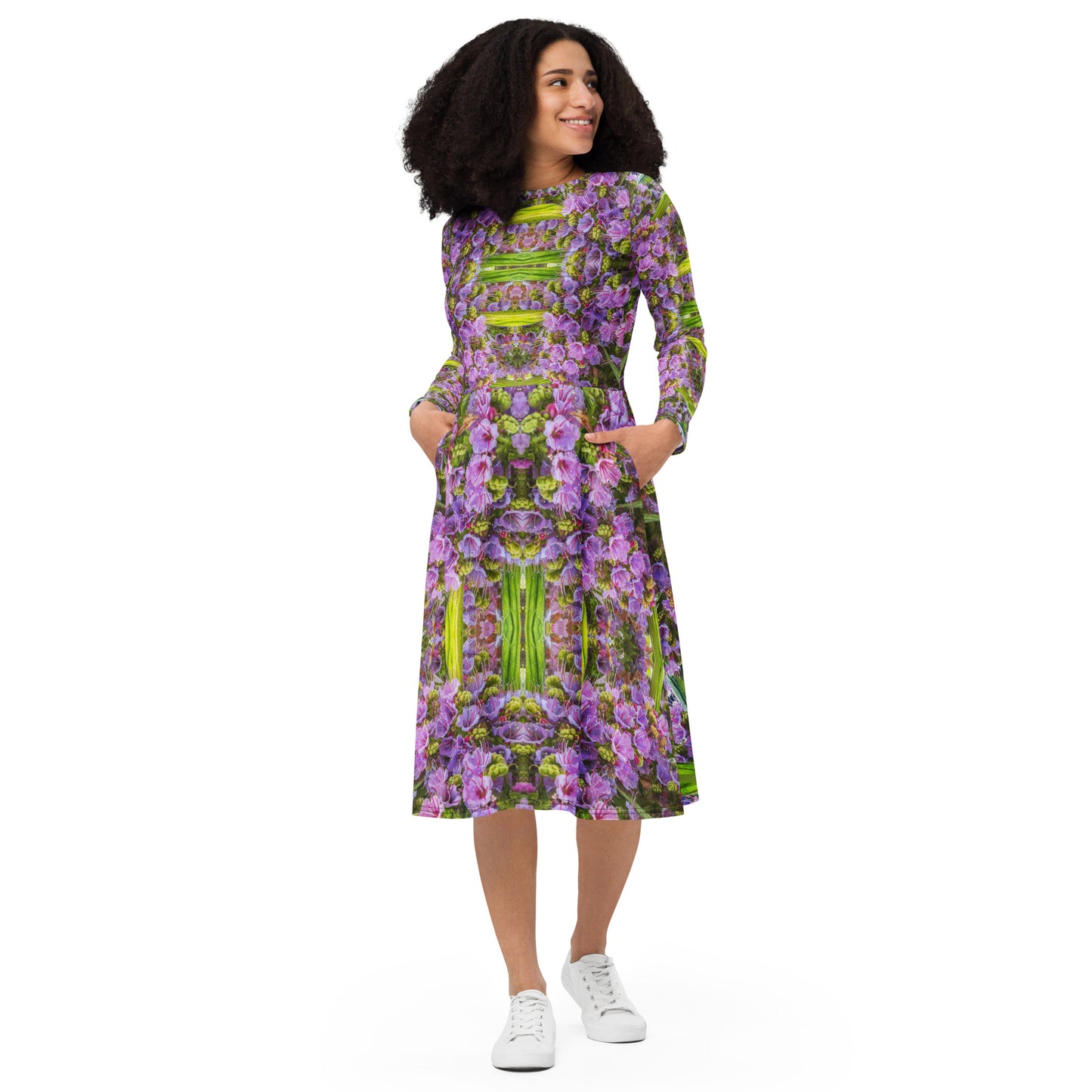 Long Sleeve Midi Dress - Echium Pink Fountain #4 Print - Psychedelic Voyager Art Collection