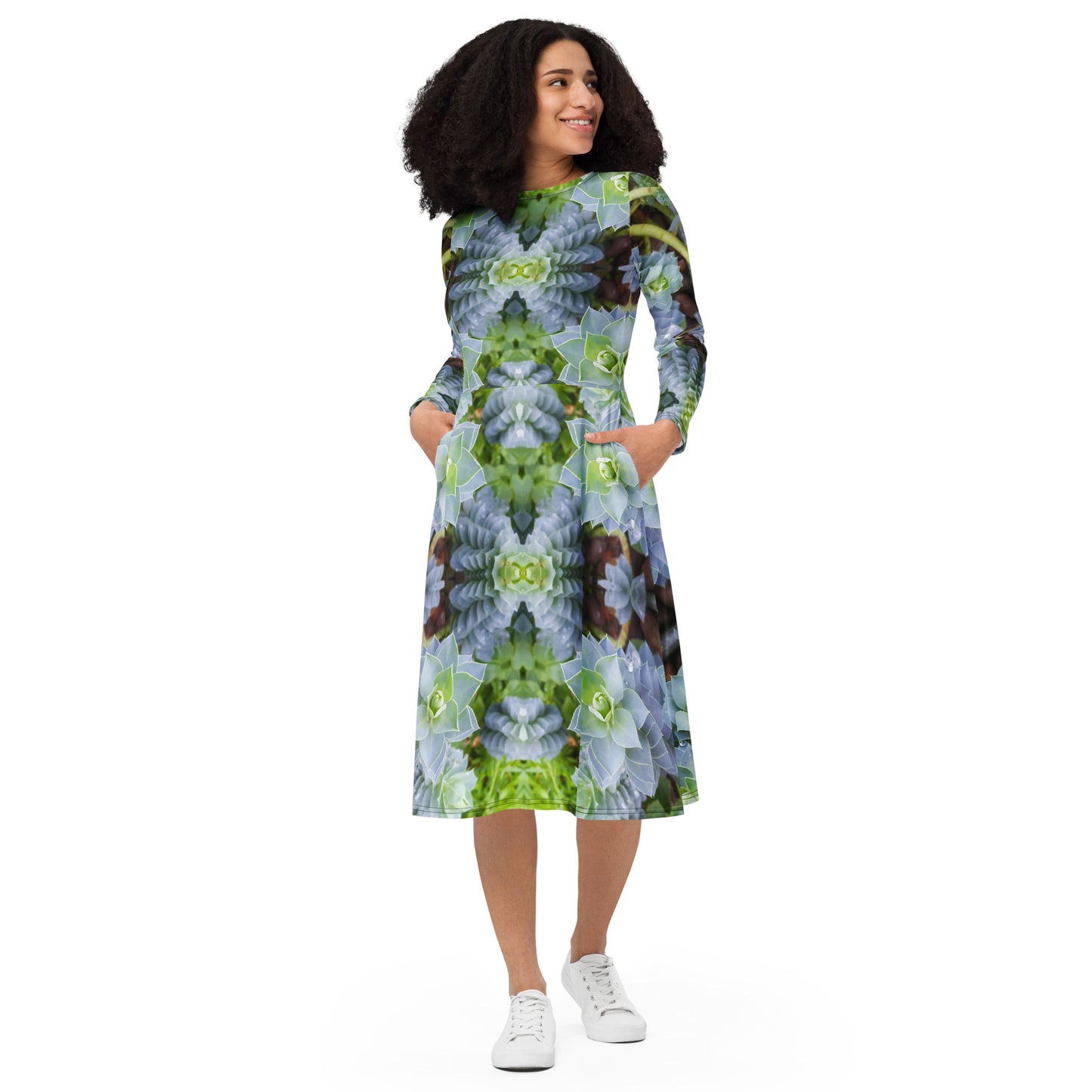 Long Sleeve Midi Dress -  Myrtle Spurge Print - Psychedelic Voyager Art Collection