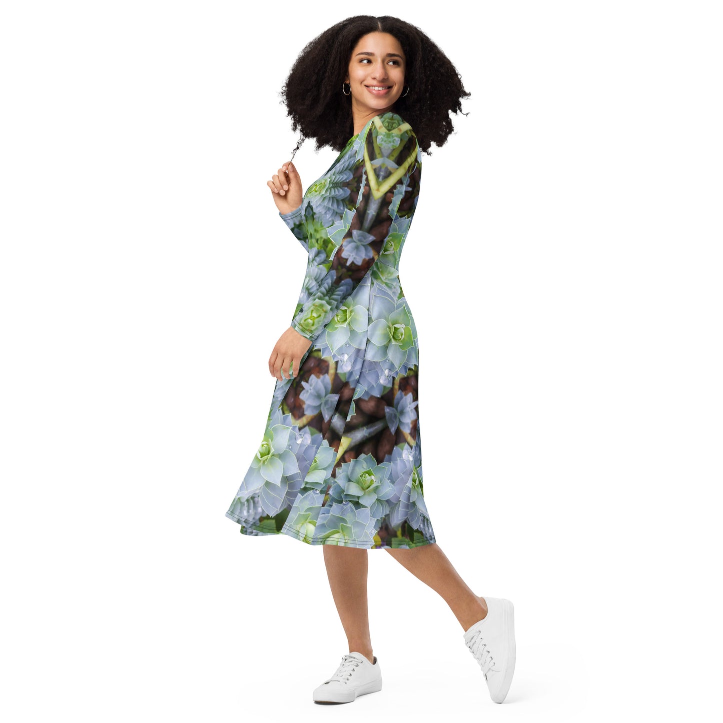 Long Sleeve Midi Dress -  Myrtle Spurge Print - Psychedelic Voyager Art Collection